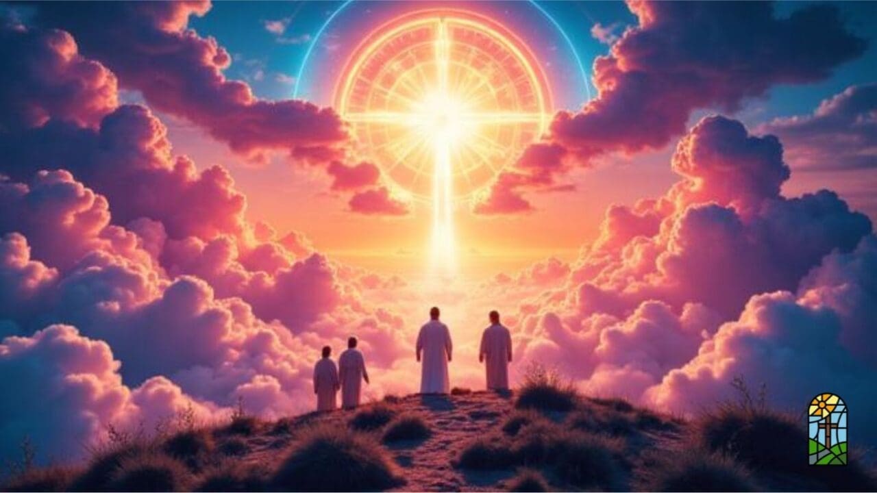 Three figures in white robes standing on a hilltop, facing a radiant glowing cross surrounded by clouds in a heavenly sky